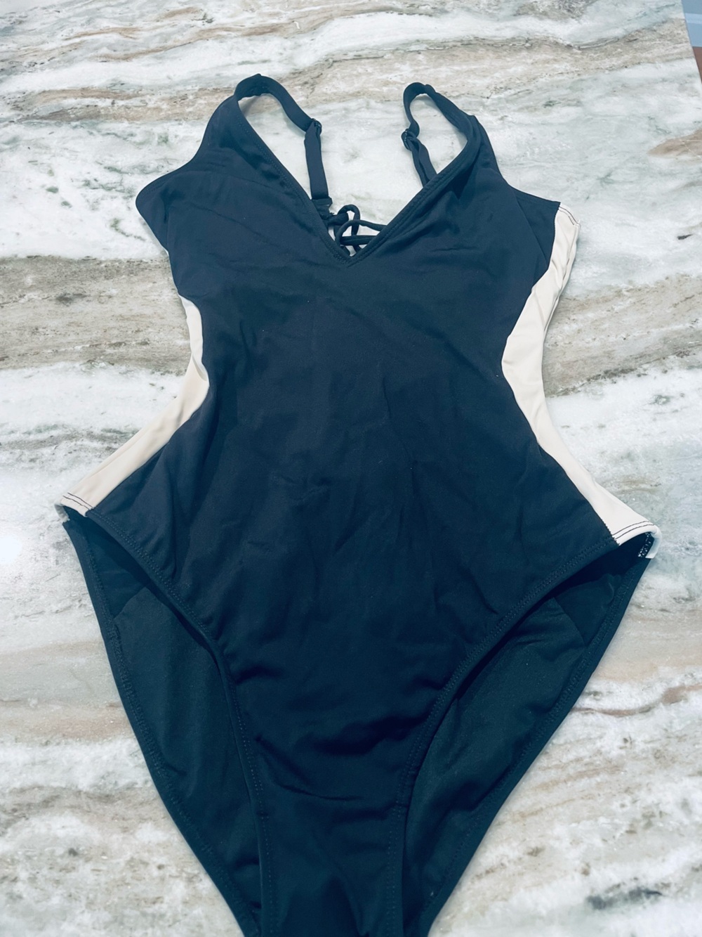 TA3 PLUNGEY V-Neck One-Piece Swimsuit in Black and Cream in Medium R/L - Picture 3 of 6